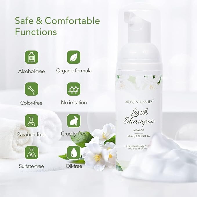 ARISON LASHES Eyelash Shampoo Eyelash Foam Cleanser with Cleaning Brush Eyelash Cleaner for Eyelash Extension Foam Wash Lash Shampoo for Home and Salon Use 60ML(Jasmine)