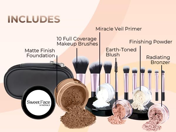 16pc STARTER KIT with 10 BRUSHES SET (COCOA) Mineral Makeup Bare Face Loose Powder Includes Matte Foundation, Veil Primer, Blush, Bronzer, Translucent Finishing Setting Powder SPF 30 Travel Size