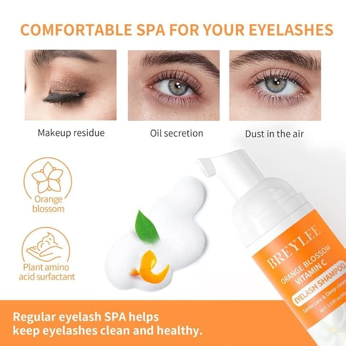 BREYLEE Eyelash Extension Cleanser, Lash Shampoo for Extensions, Lash Cleanser, Lash Bath, Lash Cleaner, Lash Cleaning Kit with Rinse Bottle+Brush+Pad for Professional & Self