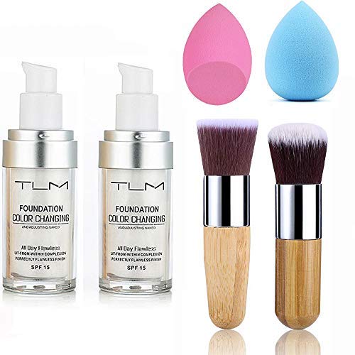 2pcs TLM Color Changing Foundation Liquid with 2 Brushes and 2 Cosmetics Sponge + Champagne Gold Face Body Glitter Liquid Highlighter Illuminator Dewy Drops with Makeup Brush