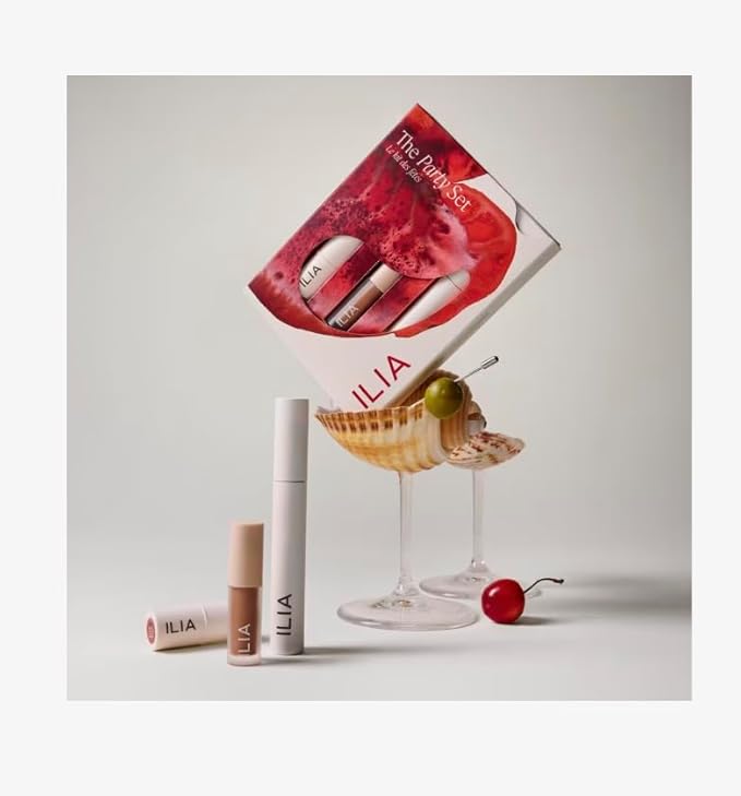 ILIA The Party Set, a limited edition trio with holiday-ready essentials for eyes, cheeks, and lips, including a full-size Limited Lash Mascara