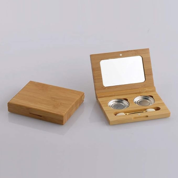 1 Piece Bamboo Empty Eye Shadow Case Box Double Grid Tinplate Palette Pans Bamboo Eyeshadow Case Magnetic Eyeshadow Palette Cosmetics Organizer Container with Makeup Brush for Eye Shadow Blush Powder