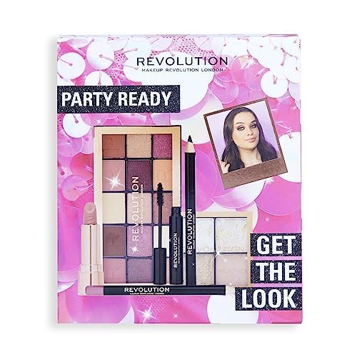 Makeup Revolution Get The Look Gift Set Party Ready, Eye Palette, Eyeliner, Lipstick, Mascara & Highlighter Included, Various Shades