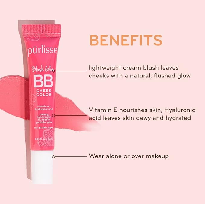 pürlisse Blush Glow BB Cheek Color - Dewy Liquid Blush for Cheeks - Enriched with Vitamin E & Hyaluronic Acid - Creamy, Lightweight & Buildable - Hydrating & Nourishing - Cool Mauve (0.34 Fl oz)