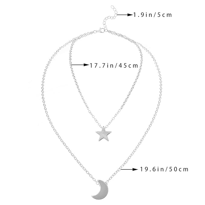 Bohemian Layered Necklace Moon Star Necklace Chain Long Pendant Necklaces Jewelry for Women and Girls (Silver)