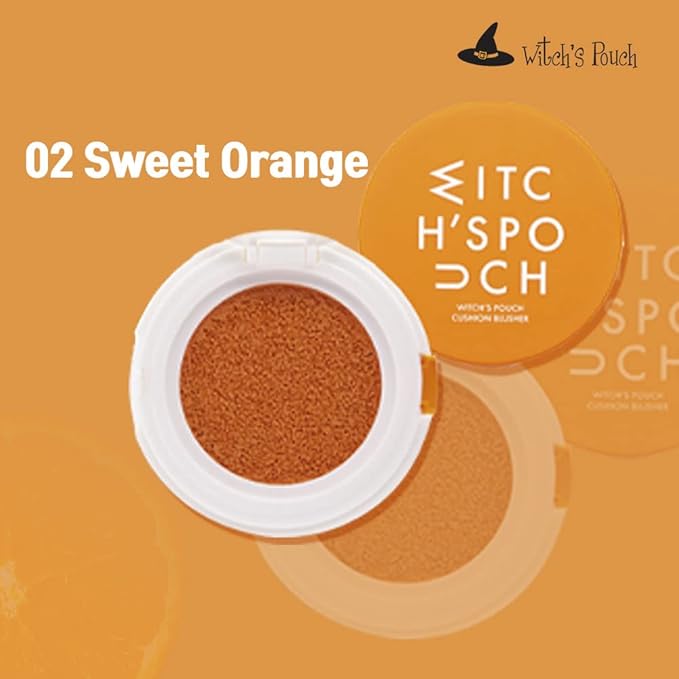 Witch's Pouch Blush Cushion Korean Makeup Cheek Toneup Facial Cushion Blusher Cutie Size Moisturizing Color Correction Flawless Coverage Vivid Colors (02 Sweet Orange)
