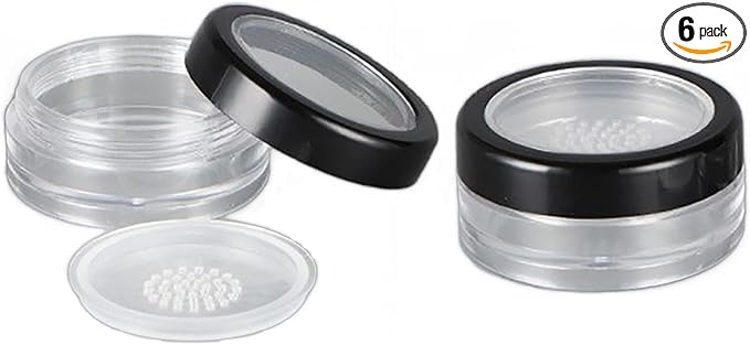 6 Pcs 10g 10ml Plastic Empty Travel Powder Container Loose Powder Compact Case Clear Makeup Jar Cosmetic Cream Face Powder Blusher Foundation Container Pots With Sifter and Black Rimmed Lid
