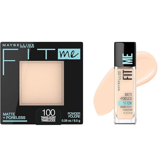 Maybelline Fit Me Matte + Poreless Pressed Powder, Translucent, 1 Count & Fit Me Matte + Poreless Liquid Foundation, Fair Ivory, 1 Count Bundle