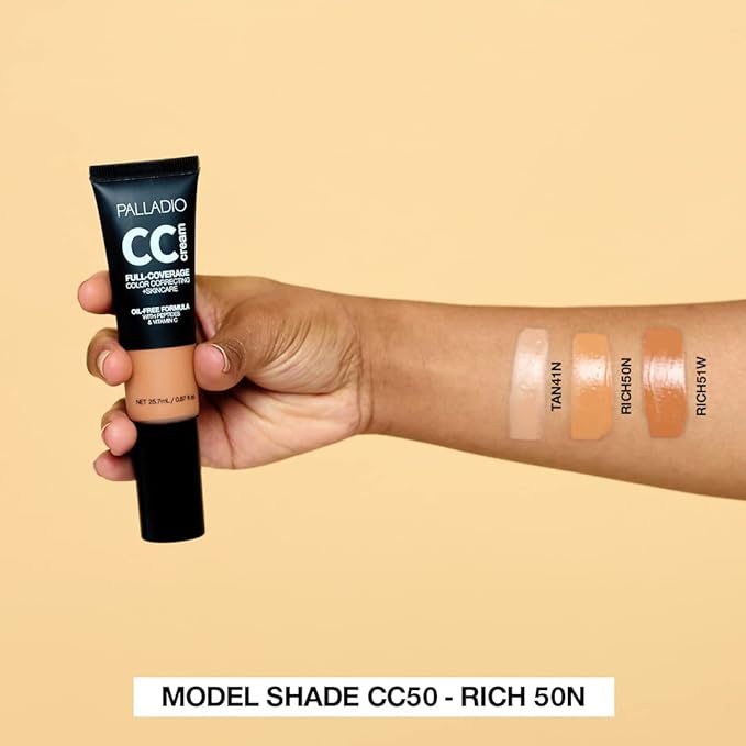 Palladio Full-Coverage Color Correction CC Cream, Oil-Free with Peptides & Vitamin C, Best for Correcting Redness and Uneven Skin Tone, Buildable Foundation Coverage (Rich 51W)
