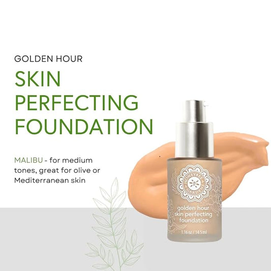 Honeybee Gardens Golden Hour Foundation in Malibu, Medium Shade, Skin-Perfecting, Luminous Finish, Vegan, 34.5ml
