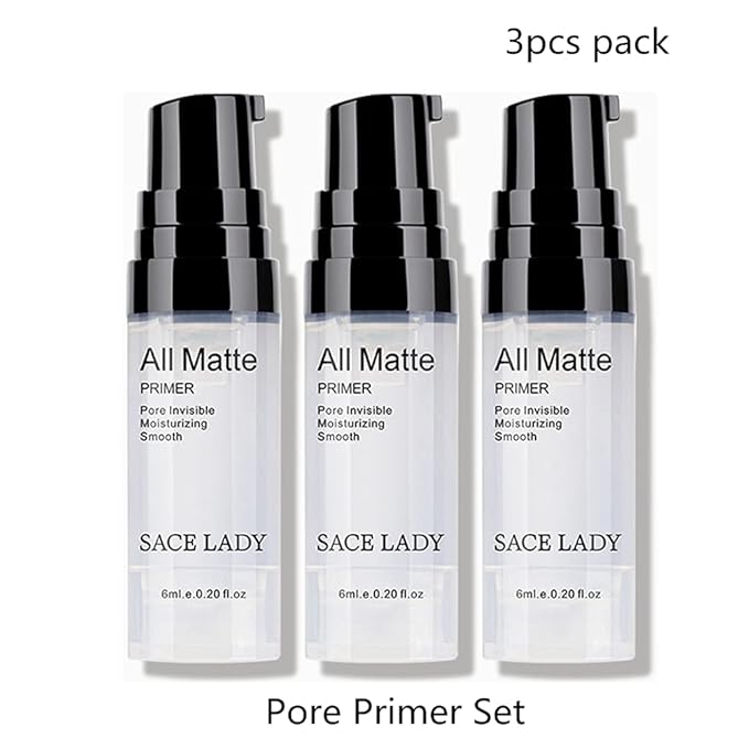 Matte Pore Face Primer 3pcs & Shimmer Highlighter Makeup Glow Illuminator 3pcs, Ultra-smooth Soft Lightweight Pore Minimizer and Liquid Highlighter Face Cosmetic Set