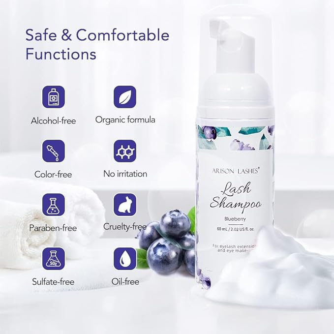 ARISON LASHES Eyelash Shampoo Eyelash Foam Cleanser with Cleaning Brush Eyelash Cleaner for Eyelash Extension Foam Wash Lash Shampoo for Home and Salon Use 60ML(Blueberries)