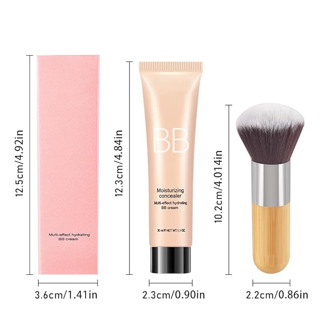 Hydrating BB Cream,Full Coverage Lightweight Matte Foundation & Concealer with Brush,Evens Skin Tone,Oil Control Cover Flaws,Natural Finish for All Skin Types,Vegan & Cruelty Free - Natural Beige