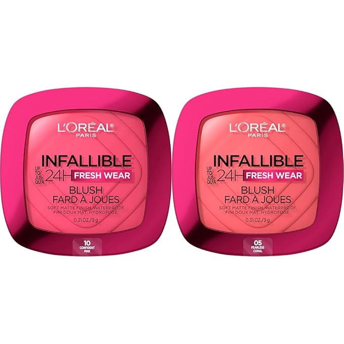 L'Oreal Infallible Up to 24H Fresh Wear Soft Matte Blush Bundle with Confident Pink 10 and Fearless Coral 05, 0.31 Oz Each