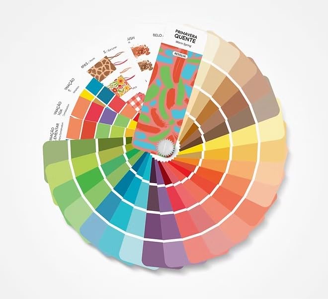 Bilingual Warm Spring Palette Color Fan by Resolva Meu Look, Personalized Guide for Cost Saving, Smart Shopping, Outfit & Wardrobe Planning; Primavera Quente/Primavera Pura