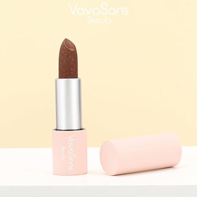 Vegan Glitter Lipstick Brownstone Shimmer Metallic Sparkling Dark Brown Shade Long Lasting Waterproof Non-Sticky Formula Diamond Shiny Highly Pigmented Lip Stick for Women