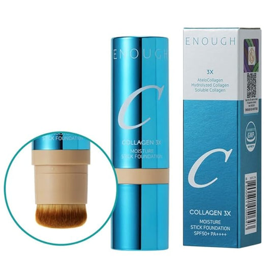 ENOUGH Collagen 3X Moisture Stick Foundation with Brush, Full Coverage Tinted Sunscreen for Face, Long-Lasting Korean Makeup, Perfect Тinted Мoisturizer with SPF 50+ (#21N Clear Beige, 0.49 oz / 14g)