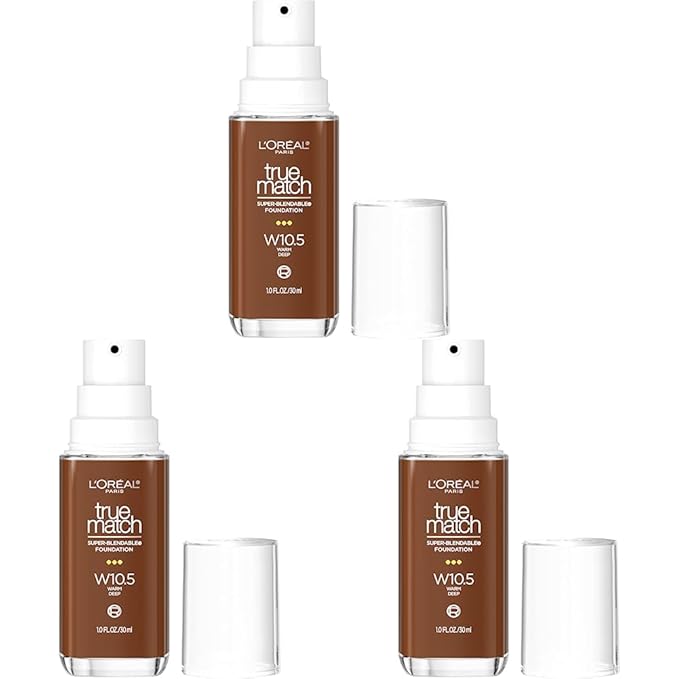 L’Oréal Paris True Match Super-Blendable Foundation, Medium Coverage Liquid Foundation Makeup with SPF 17, W10.5, Deep, 1 Fl Oz (Pack of 3)