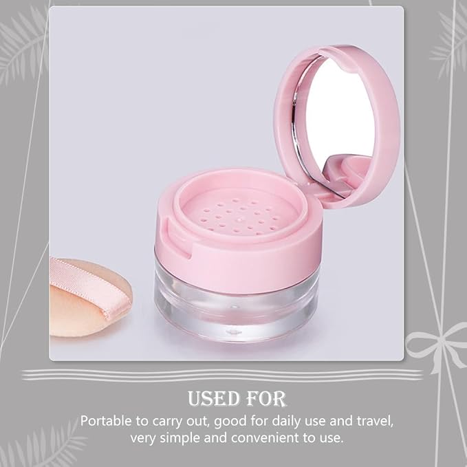 2Pcs Mini Loose Powder Box with Mirror - Travel Cosmetic Case with Dual Puff (3g & 5g) for Body and Face Powder, Pink