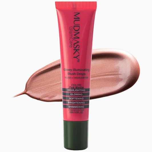 MUDMASKY GlamCare Illuminating Blush Drops - Pink Martini 15milliliter/0.5ounce - Long-lasting Natural Glow & Plumping Cheekbones - Perfect Gifts for Women - Beauty Blush & Make Up for Radiant Skin