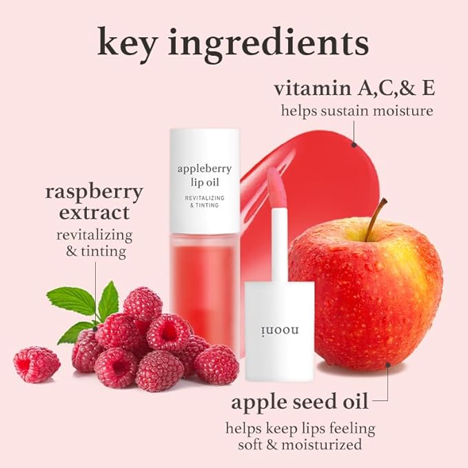 NOONI Korean Hydrating Lip Oil - Appleberry | Long-Lasting, Moisturizing, Plumping, Revitalizing for Dry Lips, Waterproof, No Peel Off, Hydrating, Nourishing Crystal Clear, 0.12 FL Oz
