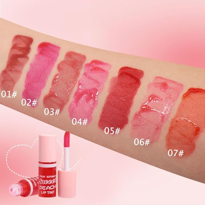7 Colors Peach Lip Tint Stain Set, Korean Mini Liquid Lipstick, Lip Gloss Moisturizing Natural, Multi-Use Lip and Cheek Tint, Long lasting Non-Stick Cup Waterproof,High Pigment (SET C)
