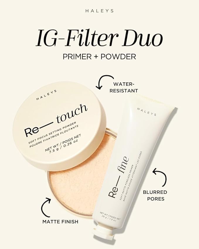 HALEYS IG Filter Duo (FAIR): Re-touch Setting Powder & Re-fine Soft Matte Poreless Primer, Skin Perfecting, Longwear, Smooths, Nourishes, Ultra-Blurring, No flashback, All Skin Types + Tones, Vegan