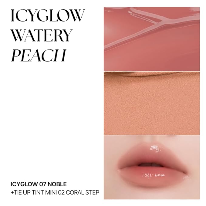 Cover & Shine Set - Watery Peach, Tie up Cover Tint 02 Coral Step & Icy Glow 07 Noble, K-Beauty Matte Lip base Gloss