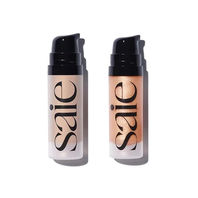 Saie Glowy Super Gel Travel Duo - Lightweight Illuminator & Makeup Primer for Glowing Skin - Warmglow & Sunglow (2 Products, 0.5 oz Each)