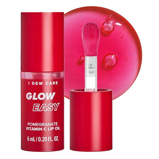 I DEW CARE Lip Gloss - Glow Easy Pomegranate | Jojoba Seed Oil, Vitamin C, Pigmented Glossy Stain, Hydrating, Korean Makeup, Pink Color, Moisturizing, Nourishing Crystal, 0.20 FL Oz