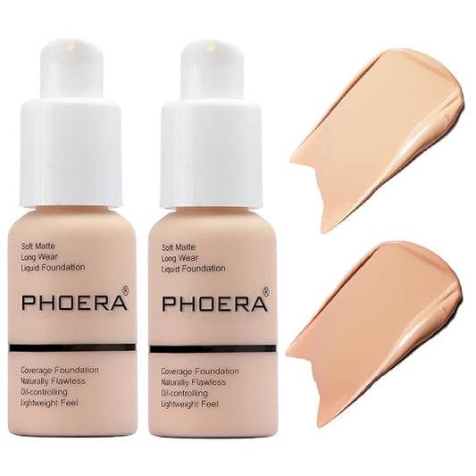 2 Pack PHOERA Foundation,Matte Oil Control Concealer Cream,PHOERA Long Lasting Waterproof Matte Liquid Foundation for Women Girls (102 Nude+103 Warm peach)