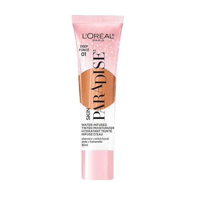 L'Oreal Paris Skin Paradise Water-infused Tinted Moisturizer with Broad Spectrum SPF 19 sunscreen lightweight, natural coverage up to 24h hydration for a fresh, glowing complexion, Deep 01, 1 fl oz