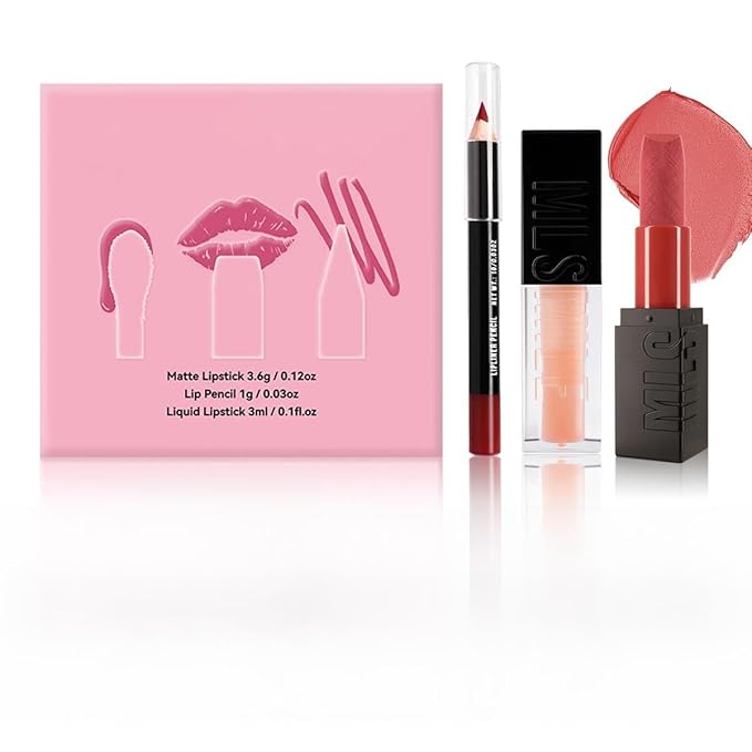 Matte velvet Lipstick + Lip Liner + Moisturizing Lip Oil Set, One Step Lips Makeup Kits Pigment Velvety Nude Lip Stain Waterproof Long Wear Lip Gloss Make up Gift Set (Set B)