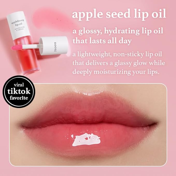 NOONI Korean Hydrating Lip Oil - Appleberry | Long-Lasting, Moisturizing, Plumping, Revitalizing for Dry Lips, Waterproof, No Peel Off, Hydrating, Nourishing Crystal Clear, 0.12 FL Oz