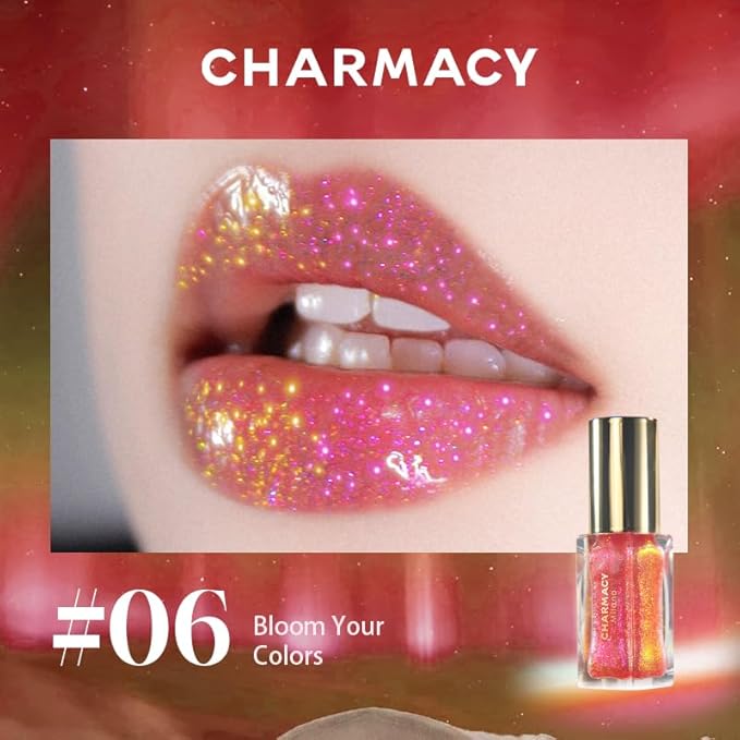 CHARMACY Aurora Chameleon Moisturizing Lip Gloss, MultiColor Shifting Shimmer Lip Gloss, Hydrating Non-Sticky Formula Glitter Lip Glaze, Easy to Apply, Long-Lasting, High-Shine Sheer Finish #06