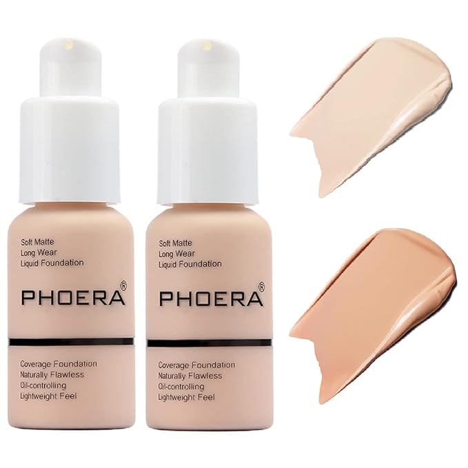 2 Pack PHOERA Foundation,Flawless Soft Matte 24 HR Oil Control Concealer Makeup,Full Coverage Foundation for Women and Girls(101 Porcelain+103 Warm Peach)