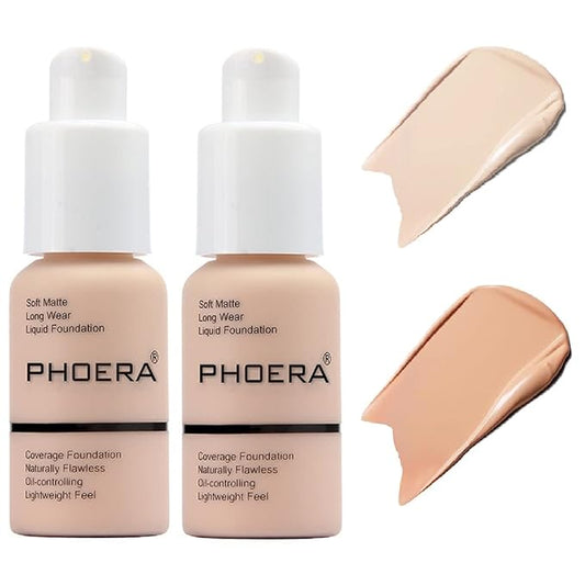 2 Pack PHOERA Foundation,Flawless Soft Matte 24 HR Oil Control Concealer Makeup,Full Coverage Foundation for Women and Girls(101 Porcelain+103 Warm Peach)