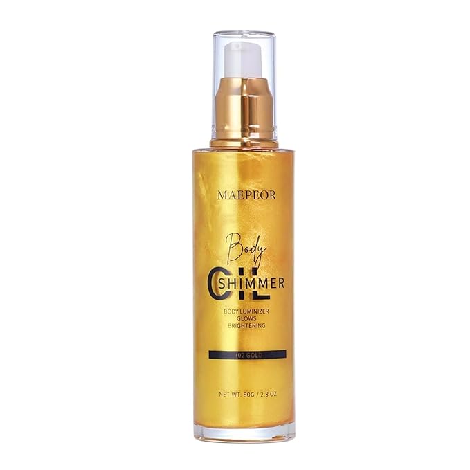 MAEPEOR Shimmer Body Luminizer 5 Colors Moisturizing Glow Illuminator Smooth and Non-sticky Summer Highlighter For Face and Body (80ML, 02 Gold)