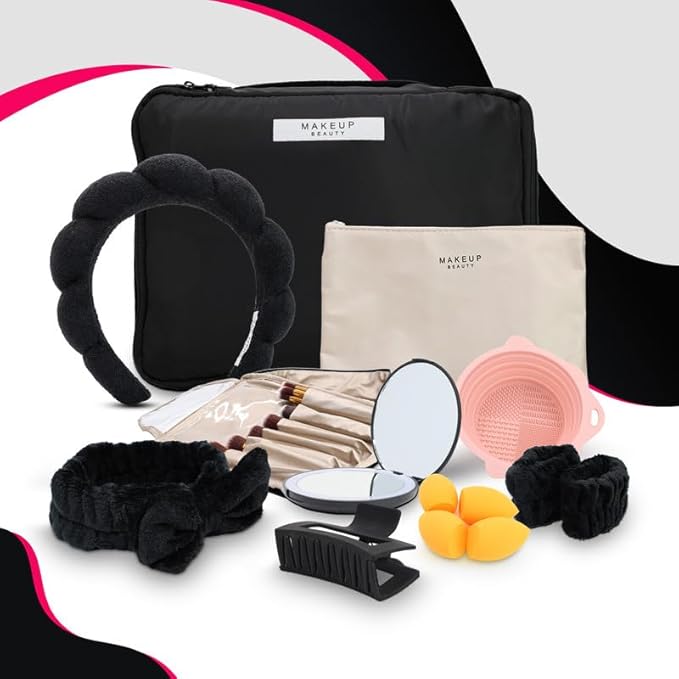 23-Piece All-in-One Makeup & Skincare Gift Set - Black Cosmetic Bag, LED Makeup Mirror, 10 Brush Set, Hair & Spa Accessories - Perfect Teen Gifts, Christmas & Holiday Presents (Black Makeup Set)