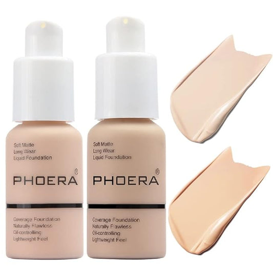 2 Pack PHOERA Foundation 101# Porcelain and 102# Nude,Soft Matte Oil Control Liquid Foundation.