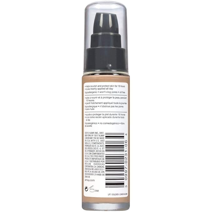 Almay Liquid Foundation, Truly Lasting Color, Long Wearing Natural Finish, Vitamin E and Lemon Extract, Hypoallergenic, Cruelty-Free, Dermatologist Tested, 260 Sand, 1 fl oz