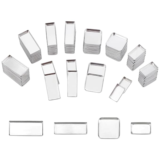 PH PandaHall 80pcs Empty Metal Pans 4 Size Aluminum Empty Eyeshadow Pans Rectangle Palette Pan DIY Blush Lipstick Palette for Makeup Cosmetic, 0.7~1x0.3~0.7 Inch, Non-Magnetic