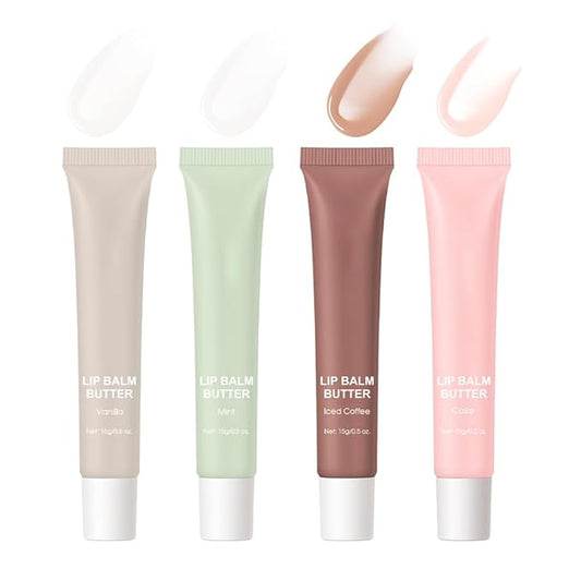 4 Flavors Summer Special Butter Lip Balm Lip Tint Hydrating Lip Gloss, High Shine Nude Color Nourishing Lip Care Finish Lip Glow Oil (4 Color, 0.5 Oz)