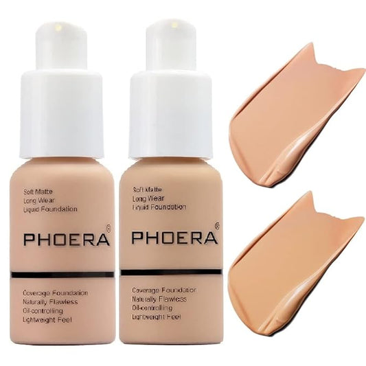 2 Pack PHOERA Foundation 103# Warm Peach and 104# Buff Beige,Soft Matte Oil Control Liquid Foundation.