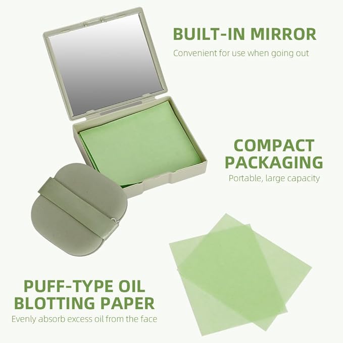 Oil Blotting Sheets - 300 PCS Face Oil Absorbing Sheets Natural Oil Control Film for Oily Skin with Mirror and Puff -Green