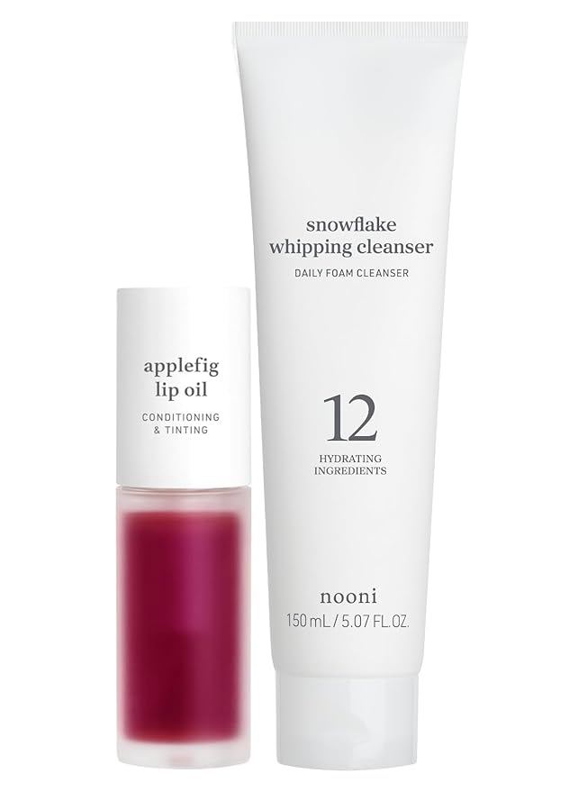 NOONI Korean Vegan Lip Oil - Applefig 0.12 Fl Oz + Korean Facial Clenaser - Snowflake Whipping Cleanser 5.07 Fl Oz Bundle