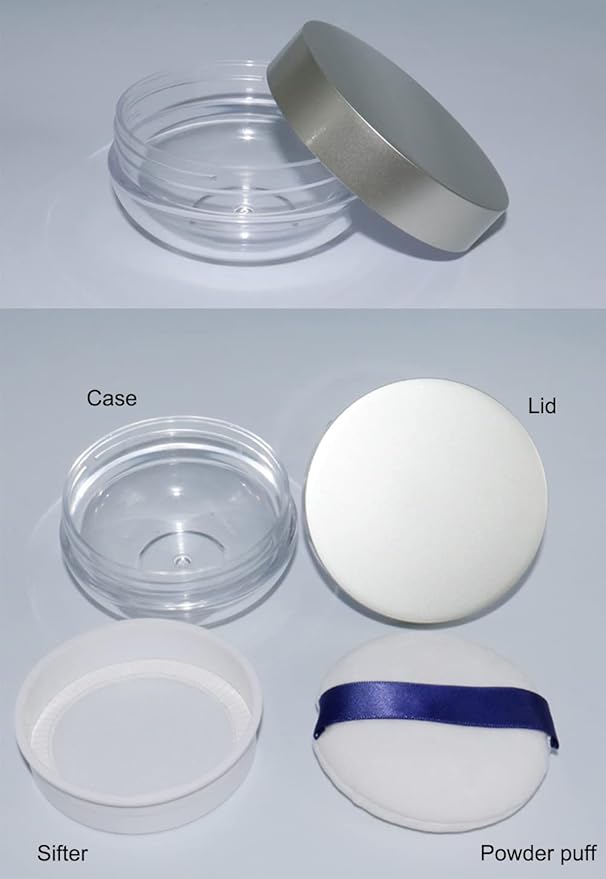 AKOAK Capacity 20 ml(0.67 oz) Empty Reusable Plastic Loose Powder Compact Container DIY Makeup Powder Case with Powder Puff and Elasticated Net Sifter Green