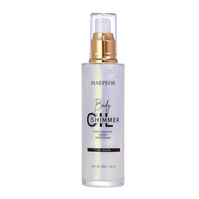 MAEPEOR Shimmer Body Luminizer 5 Colors Moisturizing Glow Illuminator Smooth and Non-sticky Summer Highlighter For Face and Body (80ML, 01 Silver)