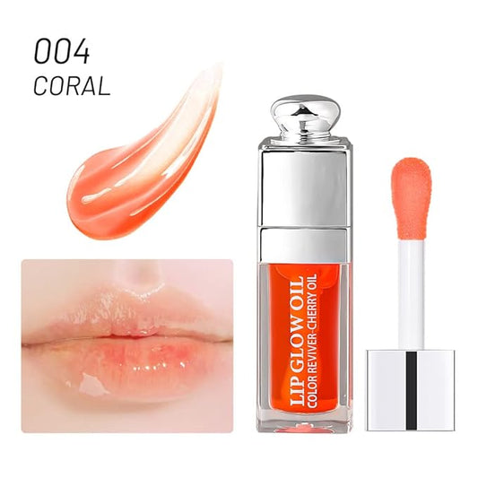 Hydrating Lip Glow Oil, Moisturizing Oil Gloss Transparent Toot Tinted Non-Sticky Nourishing Long Lasting Repairing Lightening Lines and Dry Lips Care Products (CORAL) 0.2 OZ