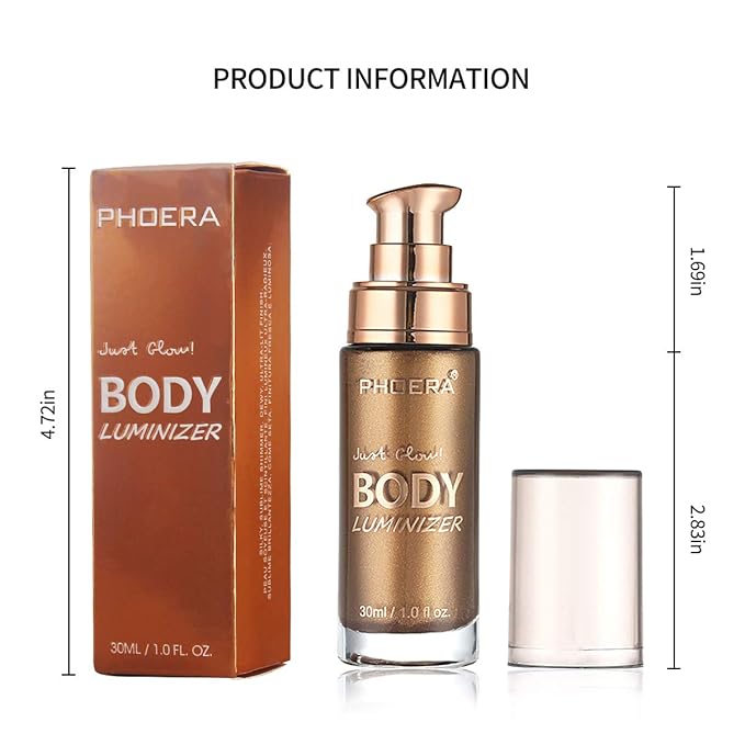 PHOERA High Gloss Waterproof Body Luminizer Glitter Face Shimmer Moisturizer Lotion Tan Cream Foundation Makeup Bronzer AQUAPURITY (102 Metallic Gold)